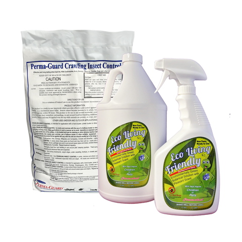 Eco Living Friendly for Bed Bugs and Perma-Guard Diatomaceous Earth Crawling Insect Control Combo / Non-Toxic, Natural, Safe Bedbug Killer / ELF 32 Oz Spray, 128 Oz Refill Bottle, and 2 lb DE Bag Bundle - Eco Living Friendly (ELF Brands)