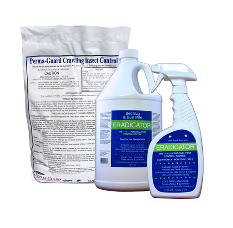 ERADICATOR for Bed Bugs and Dust Mites & Perma-Guard Diatomaceous Earth Crawling Insect Control Combo / Non-Toxic, Natural, Safe Bedbug Killer / 32 Oz Spray, 128 Oz Refill Bottle, and 2 lb DE Bag - Eco Living Friendly (ELF Brands)